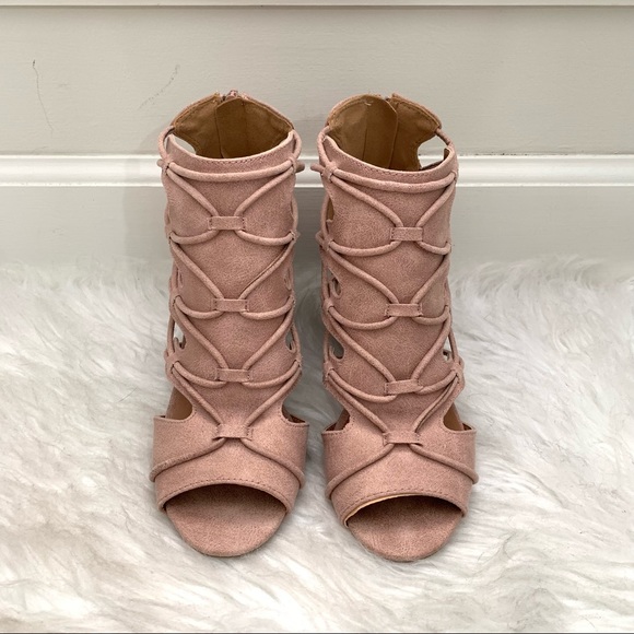 Qupid Clyde Cut Out Strappy Blush Pink Peep Toe Block Heel Booties - Picture 8 of 12